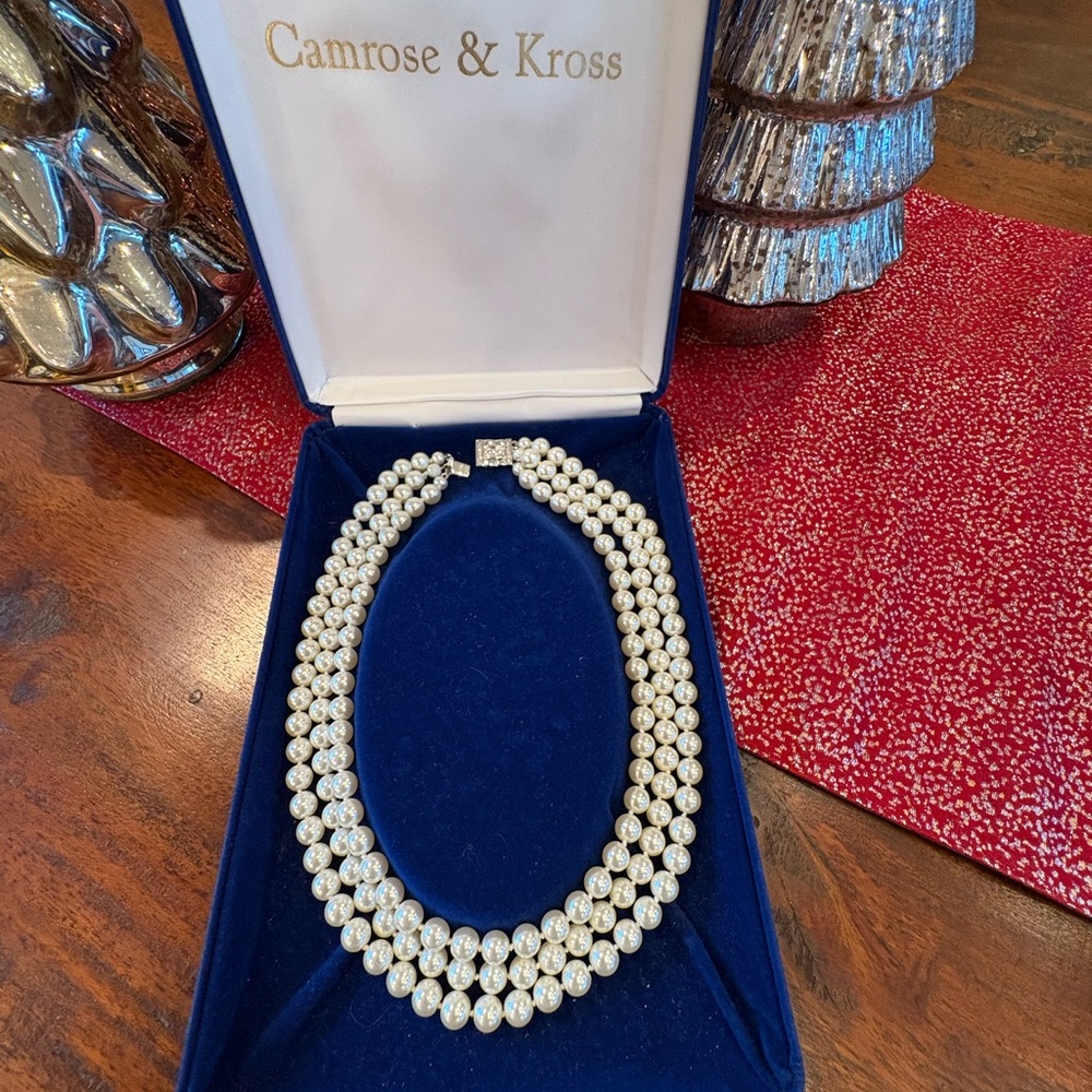 Triple Strand Pearl Necklace with Silver faux diamond Clasp